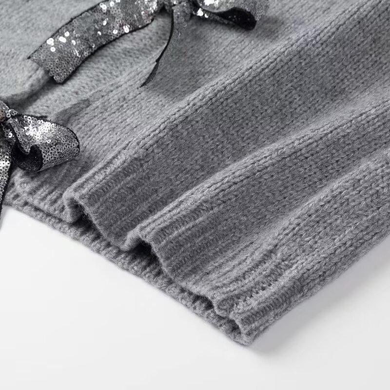 2024 Spring High-End European & American Style Sequin Bow Knit Sweater
