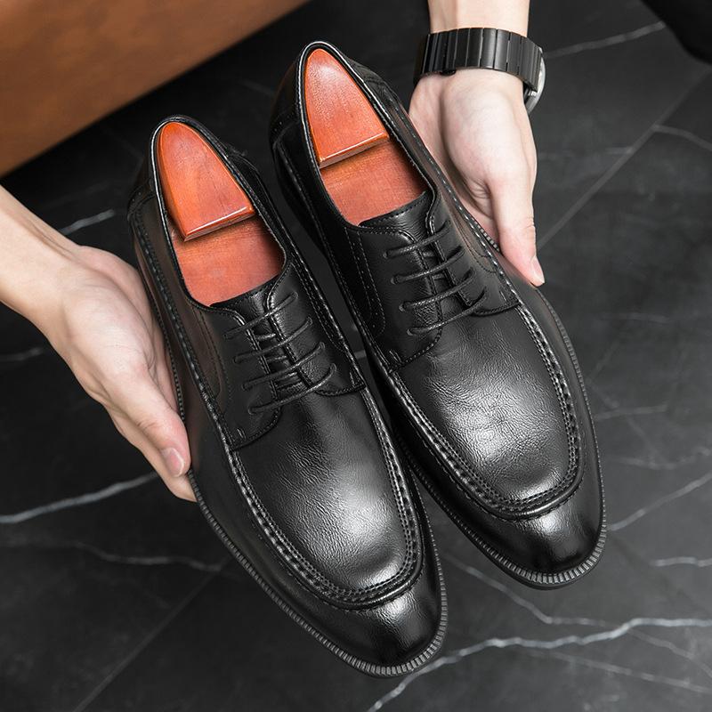 2025 British Leather Shoes Men's Business Dress Black Low-top Wedding Shoes Casual Soft Sole Korean Version Trendy Versatile Men's Shoes