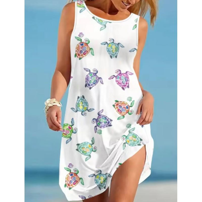 Womens Elegant Floral Digital Print Sleeveless Midi Dress With Elastic Waist Boho Chic