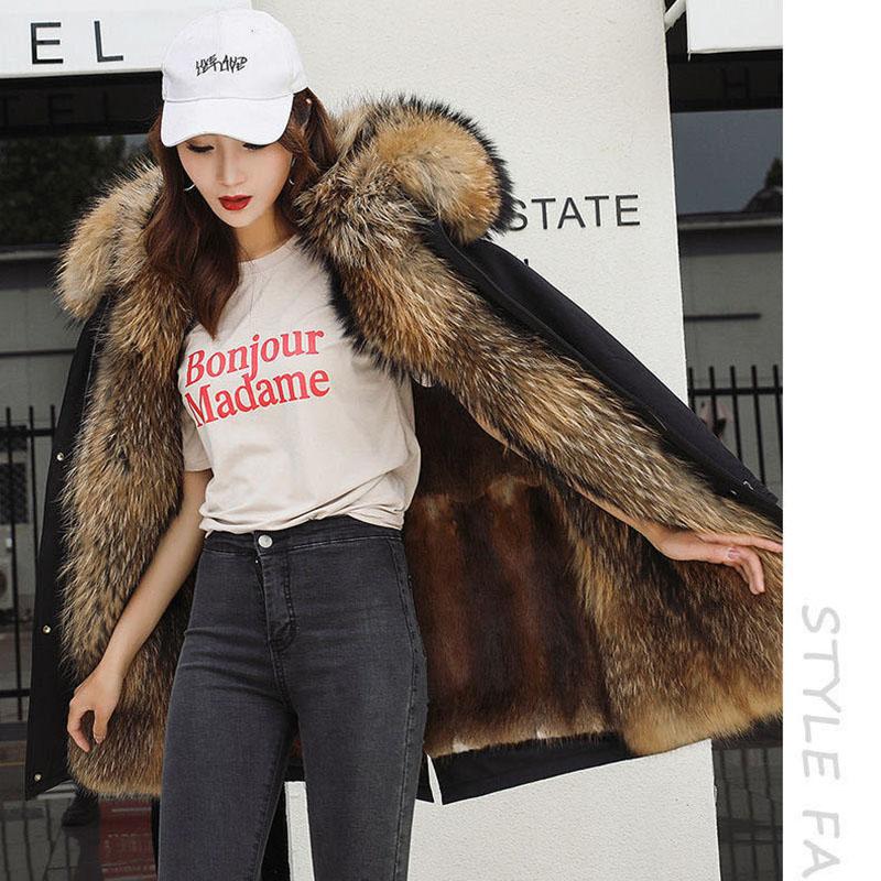 Женские зимние парки средней длины, съемная подкладка из меха енота, утепленное пальто из искусственного меха, женская куртка с капюшоном на меху, большие размеры