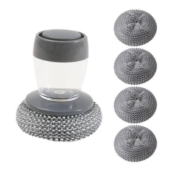 Automatic Liquid Washing Brush with Replaceable Head Built-in Soap Dispenser Ergonomic Design Pot Brush Kitchen Cleaning Tool