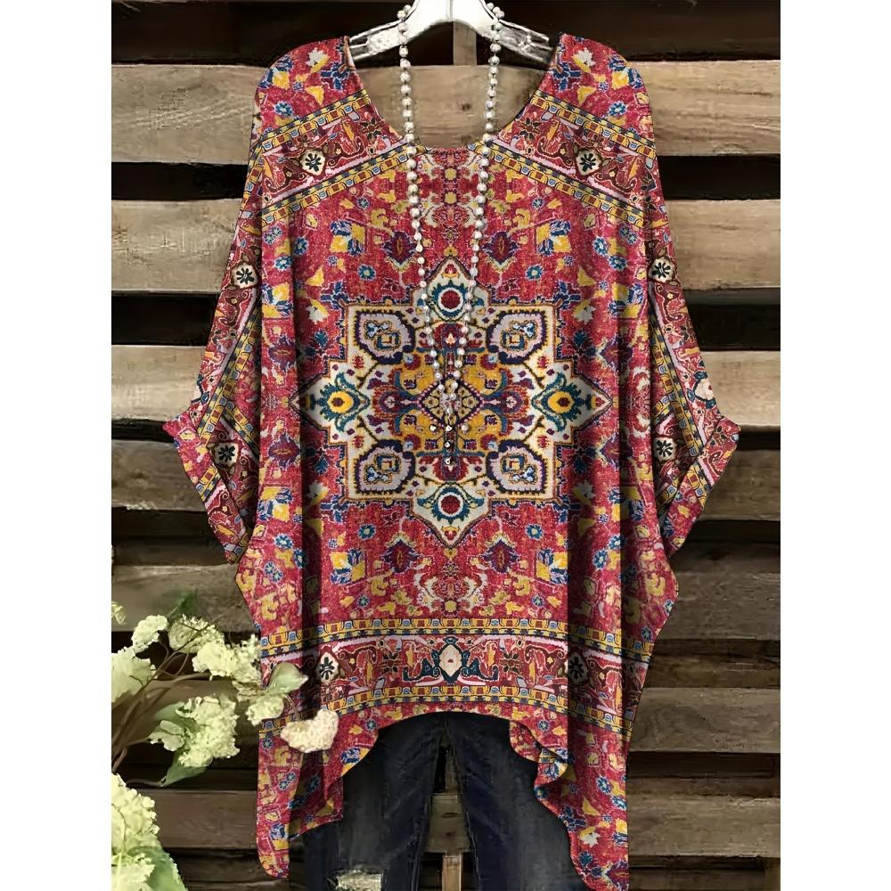 Летняя женская футболка в этническом стиле с принтом, удлиненная спереди, с круглым вырезом, повседневная, удобная, футболка в стиле Y2k, винтажная женская футболка с коротким рукавом