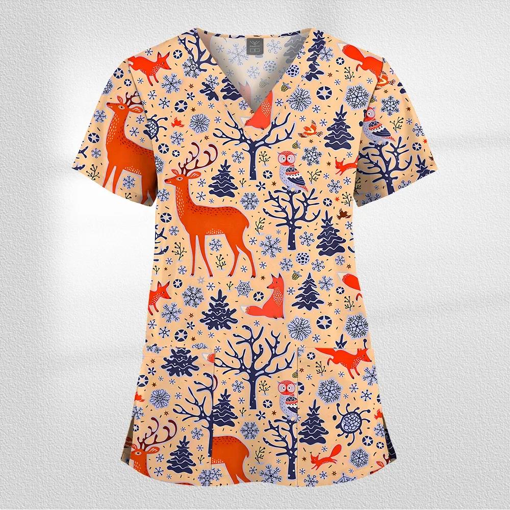 Women Working Uniform Cartoon Animal Print Short Sleeve V-neck T-shirt Tops Femme Blouse Nurse Work Wear Size XXS-6XL