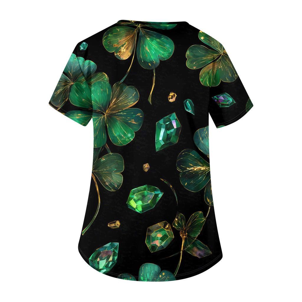 Ladies' St. Patrick Print Fashionable V-neck Pocket Short Sleeved  Uniform And Caregiver Top
