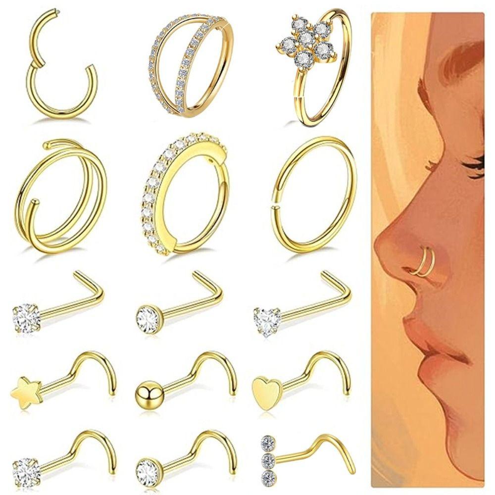 15Pcs L Ring Hoop Double Nose Rings Mixed Body Clips Hoop for Women Men