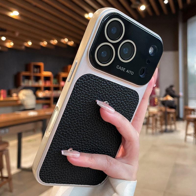Кристальный чехол с большим окном из кожи личи для iPhone 17 16 15 14 13 Pro Max 17Pro Ударопрочный бронированный мягкий бампер Защитная накладка Skin