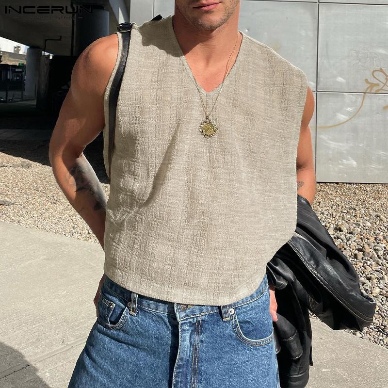 INCERUN Мужские летние однотонные майки без рукавов с V-образным вырезом