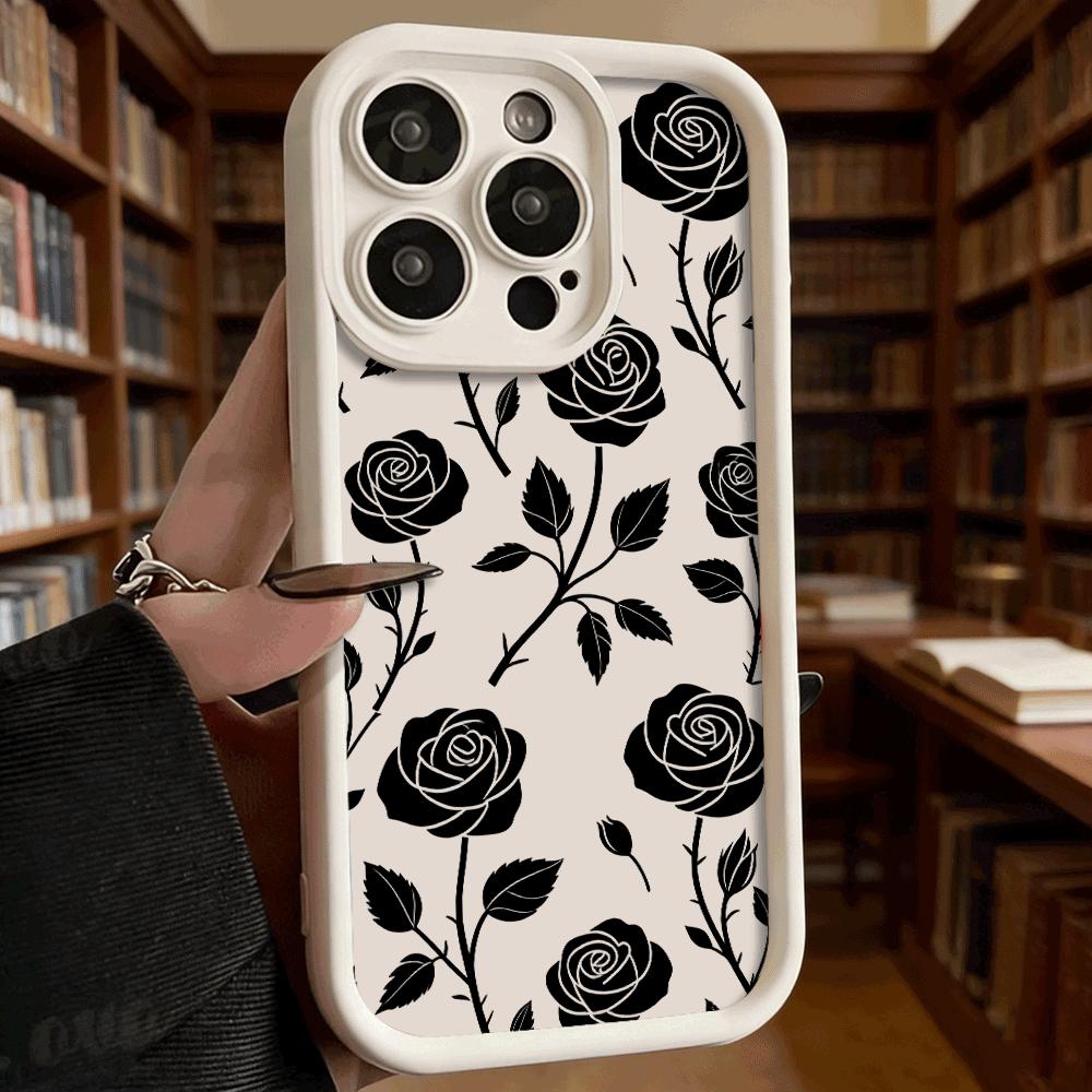 Black Rose Pattern Soft TPU Phone Case for iPhone 17 16 15 14 13 12 11 Pro Max Plus Shockproof Anti-Slip Cover