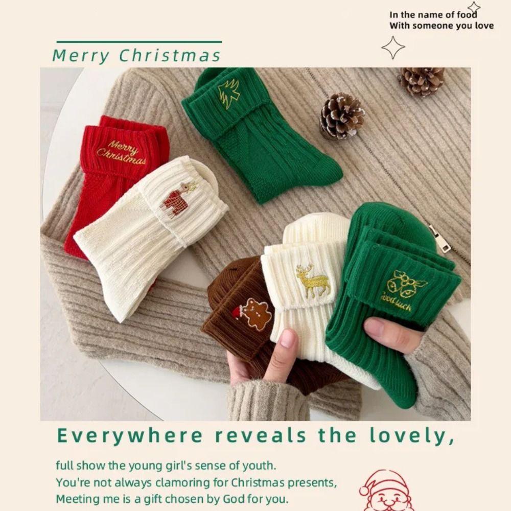 Cartoon Christmas Socks Embroidery Knitted Socks Cute Mid Tube Socks