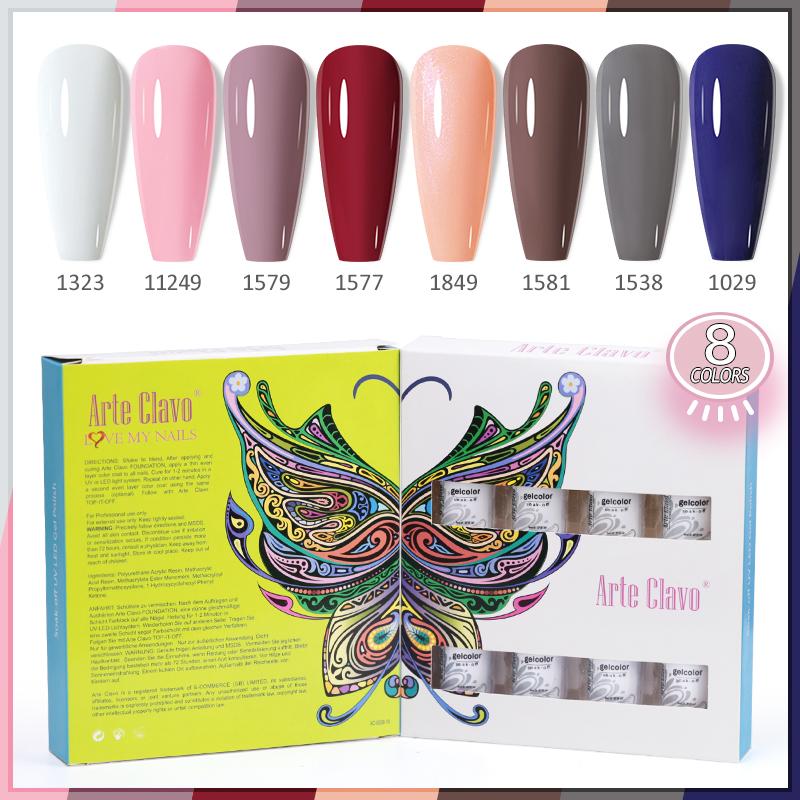 Arte Clavo 8 бутылок/набор, высококачественный блестящий гель-лак для ногтей для маникюра, гель-лак для дизайна ногтей, верхнее базовое покрытие, лак
