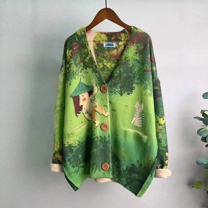 Новые осенние свитера больших размеров, кардиганы, большие размеры, женские узоры, цветочные мультяшные принты, свитера, вязаные свободные свитера
