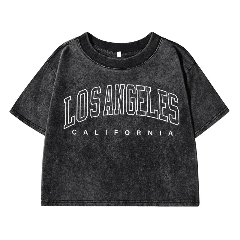 Los Angeles Californiaprint Women Washed Short Tshirts Summer Distress T-Shirt Breathable Midriff-Baring O-Neck Clothes