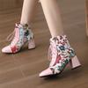 Женские полусапоги до щиколотки с квадратным носком, толстый высокий каблук, шнуровка, молния и вышивка, разноцветная женская модная обувь, осень-зима