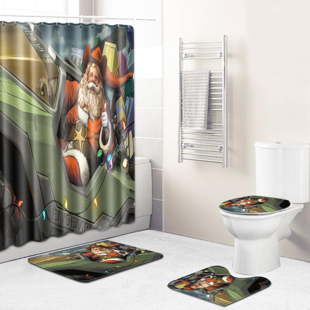 Christmas Shower Curtain Floor Mat Combination Four-Piece Set Bathroom Toilet Carpet Shower Room Mat Foot Mat