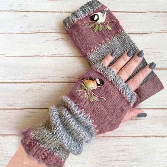 1 Pair Extended Wrist Stretchy Women Gloves Comfy Embroidery Bird Crochet Fingerless Gloves Wrist Warmers Gloves KTB