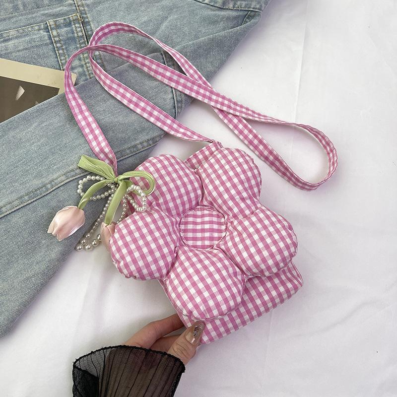 2025 Summer New Product Candy Color Plaid Flower Bag Plaid Fashion Messenger Large Capacity Key Sundries Bag