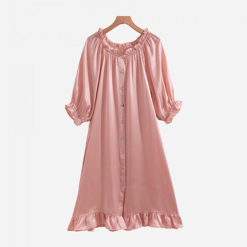 Womens Silk Nightdress Loose French Off Shoulder 3/4 Sleeve Princess Dress
