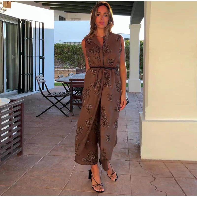 Модная вышитая майка для женщин в стиле ретро с круглым вырезом без рукавов с поясом длинный жилет лето осень уличные женские жилеты