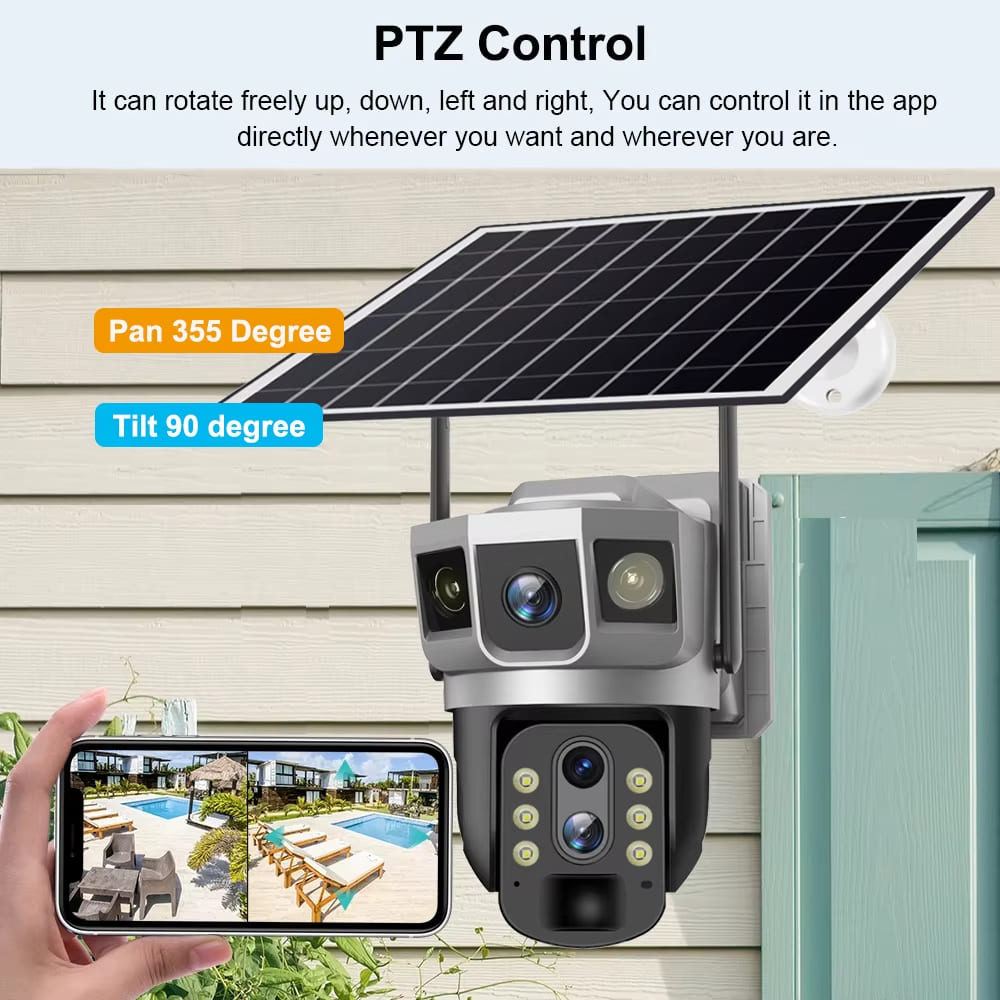 4G SIM Card Solar IP Camera 6K 12MP Three Screens 10X Zoom Outdoor CCTV Auto Tracking Build In Battery Waterproof Security Protection Cam