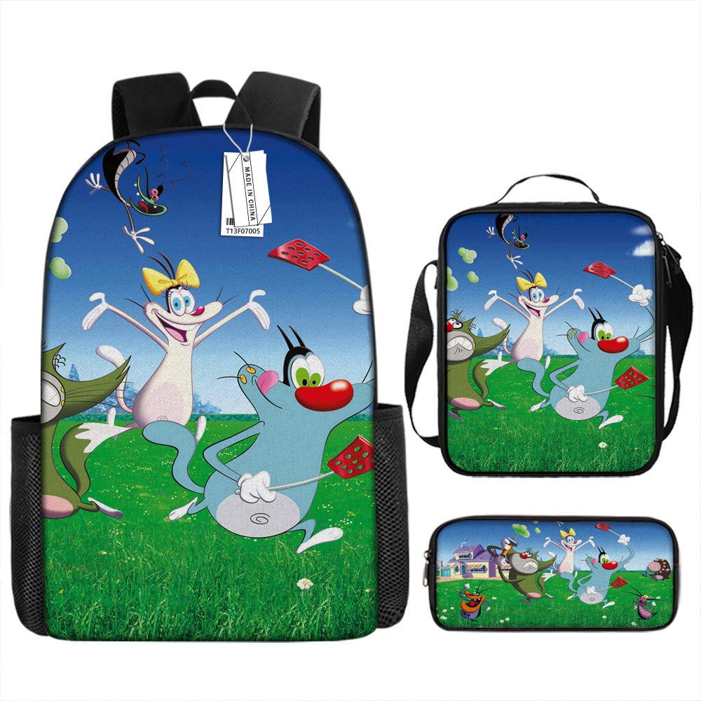 Fat Cat vs Three Little Strong Cartoon Backpack Set Large Capacity School Bag for Students Lightweight Durable