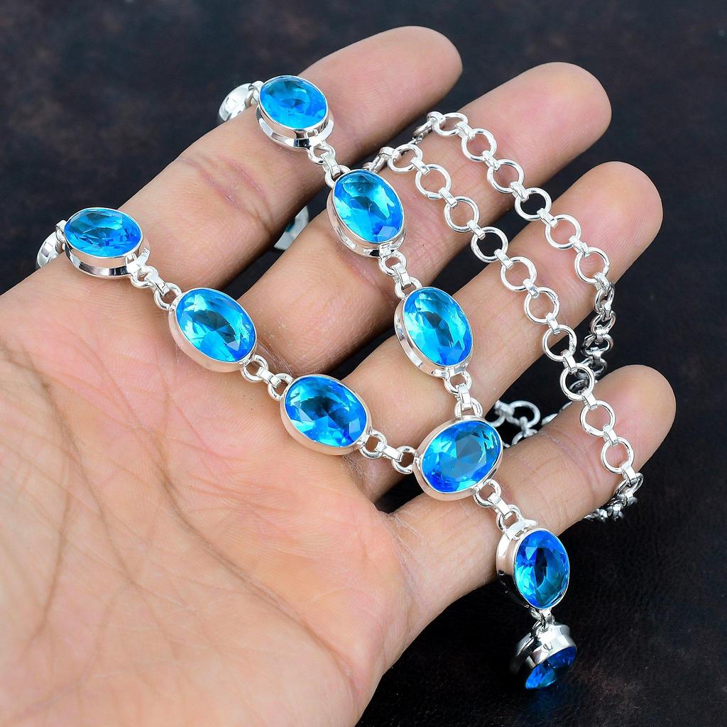Ожерелье из ограненного швейцарского голубого топаза, ожерелье с натуральным драгоценным камнем, уникальное украшение ручной работы, ожерелье из стерлингового серебра 925 пробы, ожерелье с регулируемой цепочкой