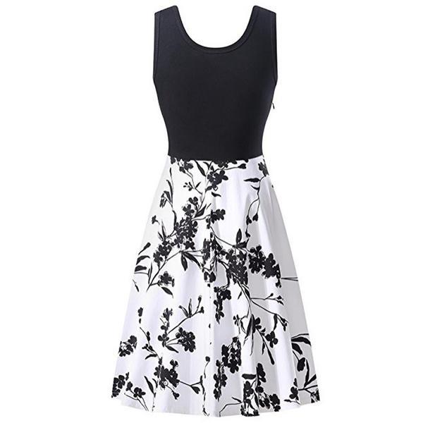 Womens Retro Floral Print Sleeveless Cotton Dress With Round Neck For Summer Vintage Style