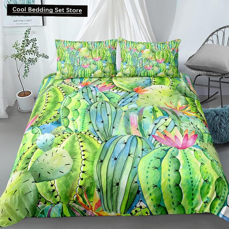 Пододеяльник Cactus King Queen Набор постельного белья с суккулентами для детей, подростков, взрослых Зеленый Ботанический с цветами 2/3 предмета Полиэстеровый пододеяльник