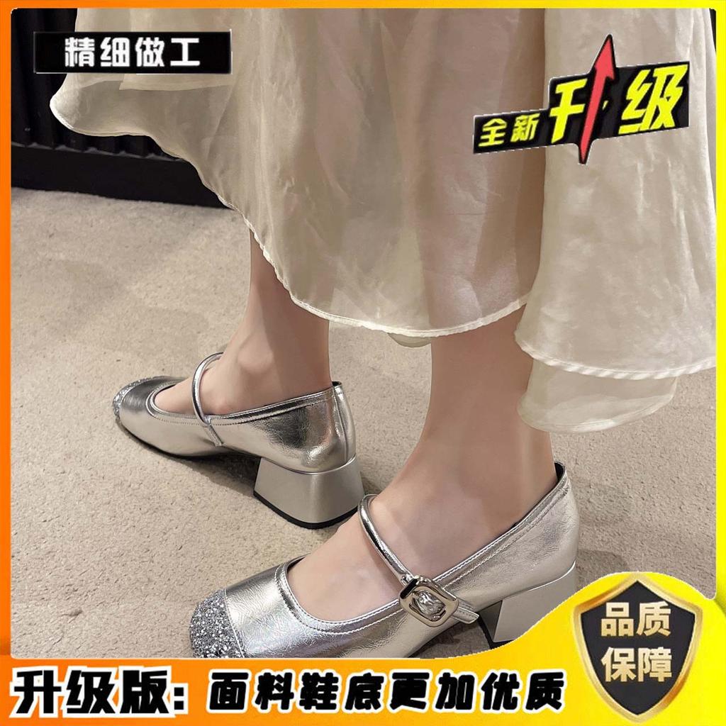 Silver Bag Head Single Shoes Women's Summer 2025 New Fashion Banquet Shoes Mary Jane Shoes Thick Heel Versatile High Heels