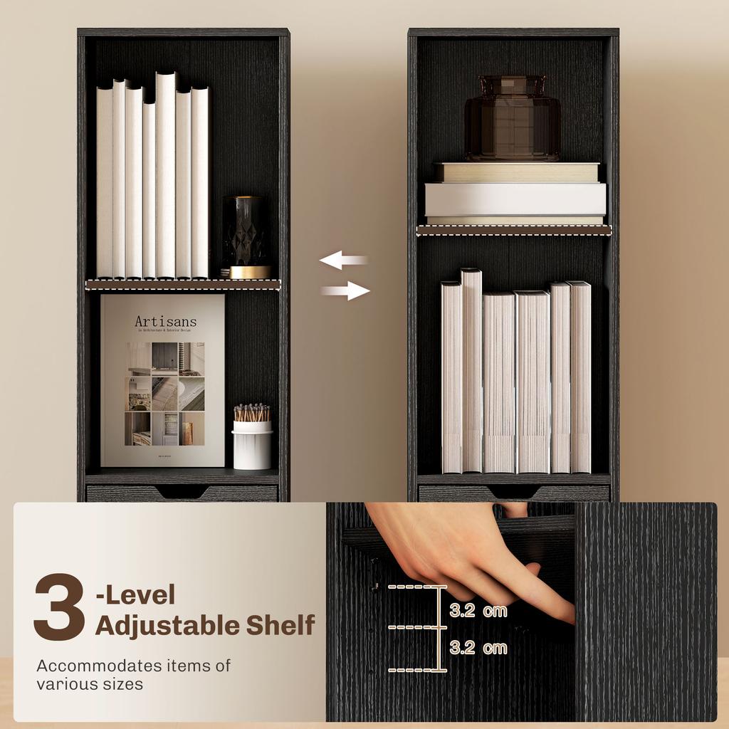 6 Tier Bookcase Tall Narrow Bookshelf With Drawer And Door Black
