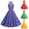 Women Evening Dress Retro Color Matching Dot Print A-line Big Swing Lace Up Backless Halter Neck V Neck Tight High Waist Button Party Prom Midi Dress