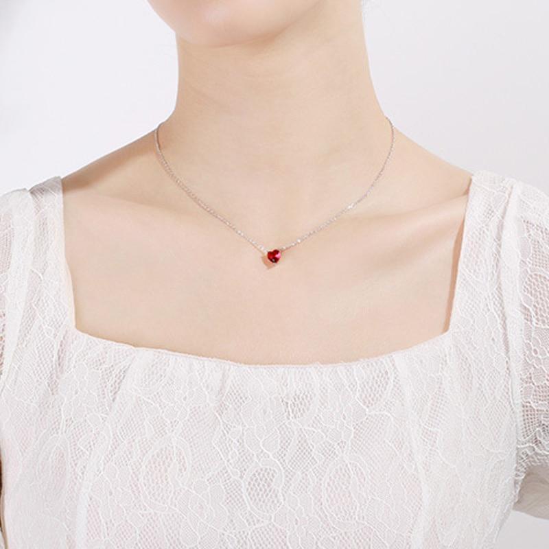Begua Ringen 925 Sterling Silver Necklace Red Heart-shaped Clavicle Chain Simple Crystal for Women