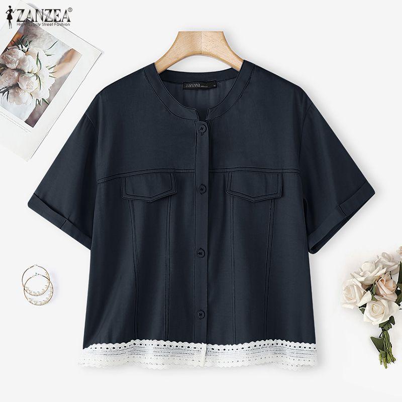 ZANZEA Женская повседневная летняя блузка с круглым вырезом и коротким рукавом