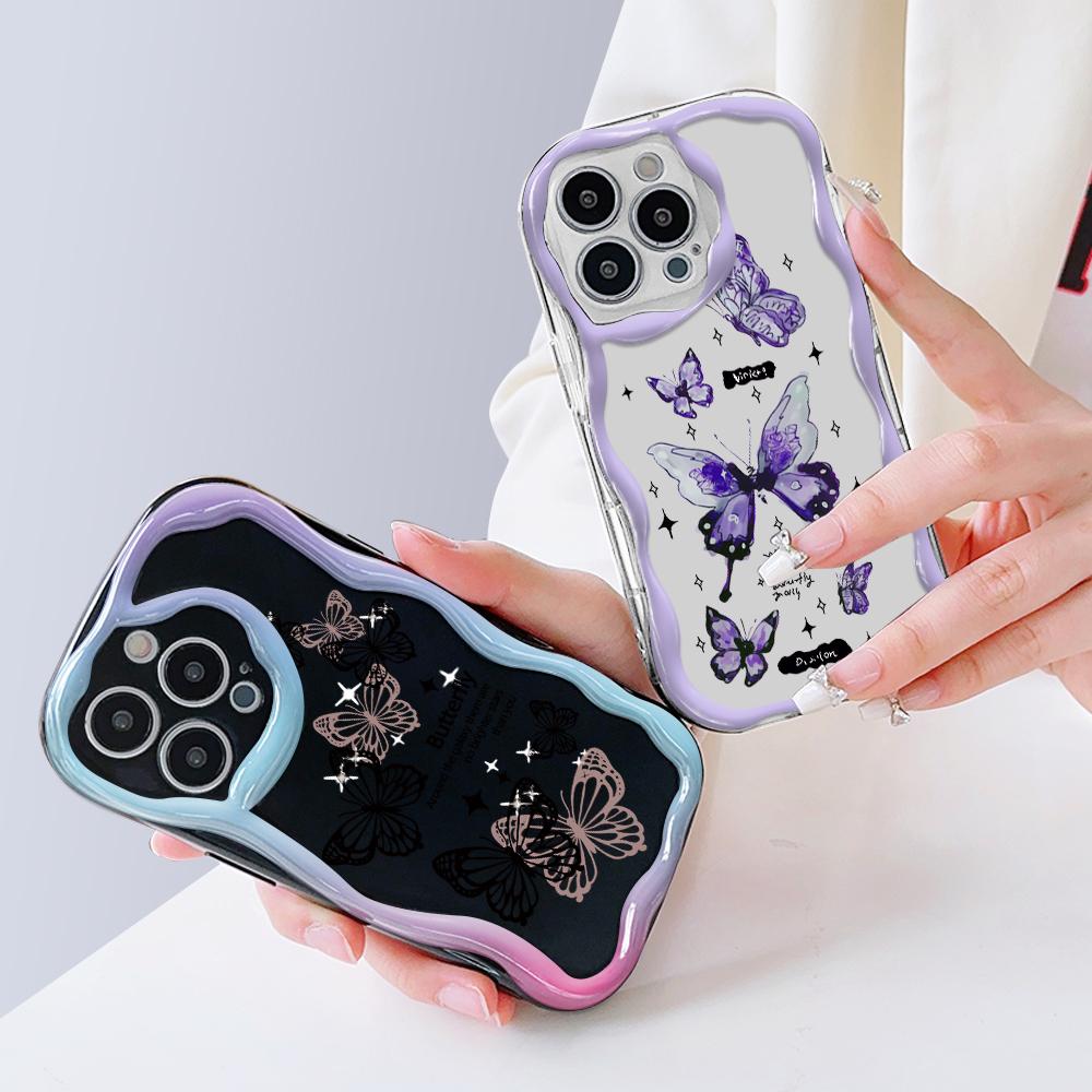 Модный чехол для телефона с бабочкой для iPhone 15, 14, 13, 12, 11, Samsung Galaxy A52, Xiaomi Redmi 14, 13C, кремовый текстурированный корпус, мягкий чехол с волнистыми краями