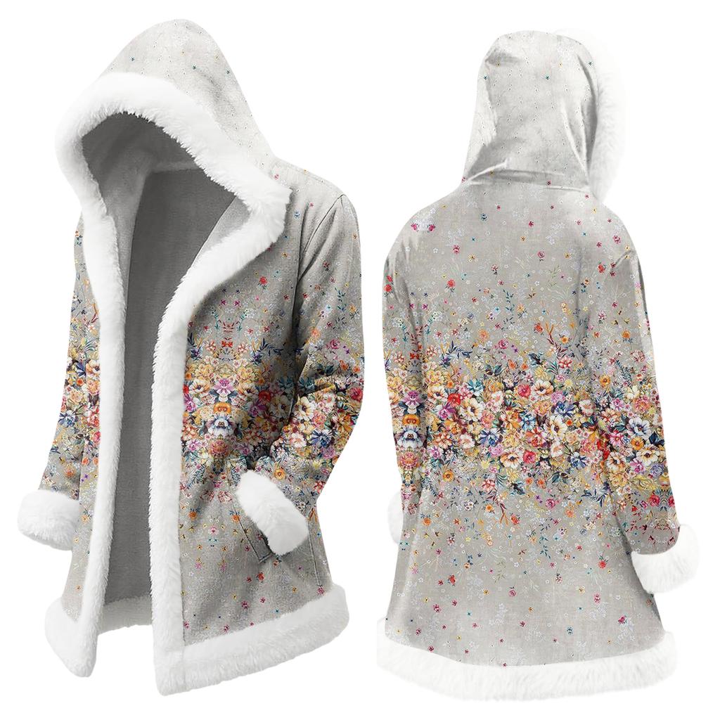Unisex Casual And Fashionable Plush Collar Hooded Long Sleeved Floral Gradient Printing Jacket