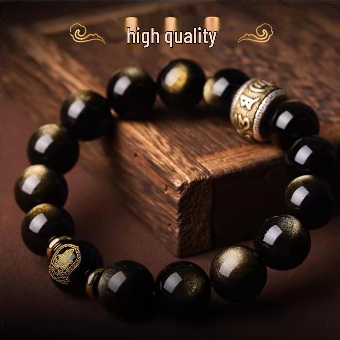 Натуральный Золотой и Черный Обсидиан Зодиакальный Браслет с Буддой и Молитвенным Колесом с Мантрой из Шести Слогов для Мужчин и Женщин