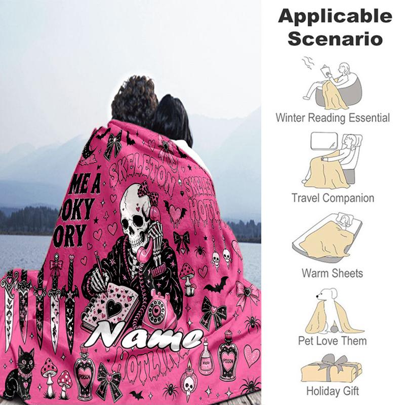 1PC Custom Name Spooky Skeleton Hotline outdooor Flannel blankets Throw Blanket All-Season Throw Gift Bedspread for Couch, Bed, Camping Holiday Birthd