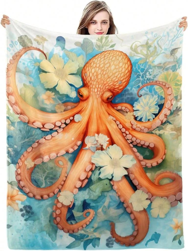 Octopus Blanket -340 GSM Ocean Animal Flannel Blanket For Teens -; Flowers Throw Blanket Gifts -Soft Octopus Print Blanket For C