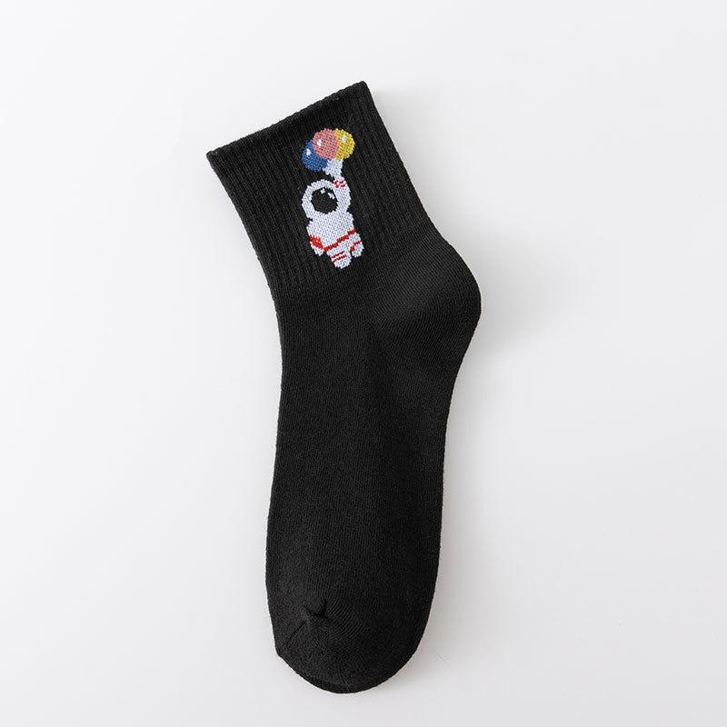 Autumn and Winter Women's Socks Mid-calf White Cartoon Student Bear Rainbow Letter Heart Smiling Face Striped Sports