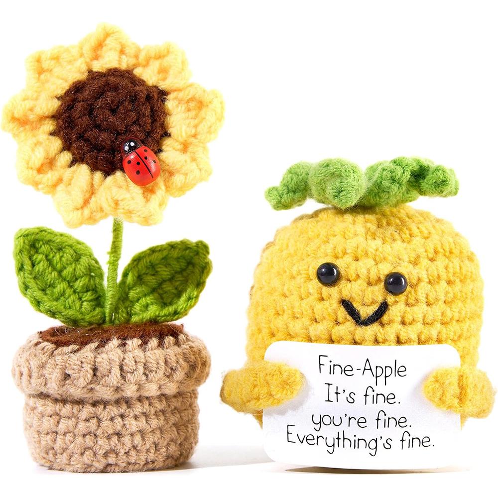 2PCS Positive Emotional Support Pineapple Sunflower Pot Home Room Decoration Crochet Pineapple Dolls With Card Christmas Gift