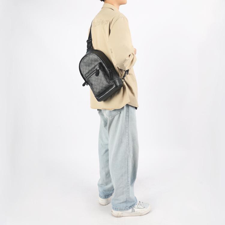 Coach West 20 Классический Логотип Многофункциональная Карманная Сумка-Кроссбоди из Покрытого Холста и Кожи Мужская Сумка-Кроссбоди Черная 2853-QBAF4