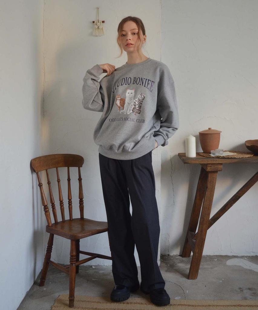 BONIEE [Fleece Lined Selection] Odd Cats Cat Social Club Graphic Oversized Sweatshirt Gray