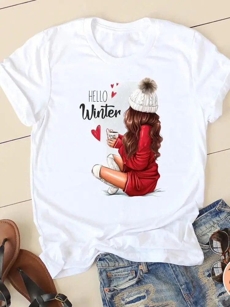 Christmas Fashion Print T-shirt New Year Women Clothes Coffee Style Watercolor 90s O-neck Graphic Lady Casual Female Shirt Tee