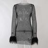 Sexy Glitter Evening Dress with Fur-Trimmed Cuffs Round Neckline Long Sleeves See-through Slim Fit Dress
