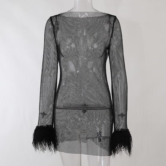 Sexy Glitter Evening Dress with Fur-Trimmed Cuffs Round Neckline Long Sleeves See-through Slim Fit Dress