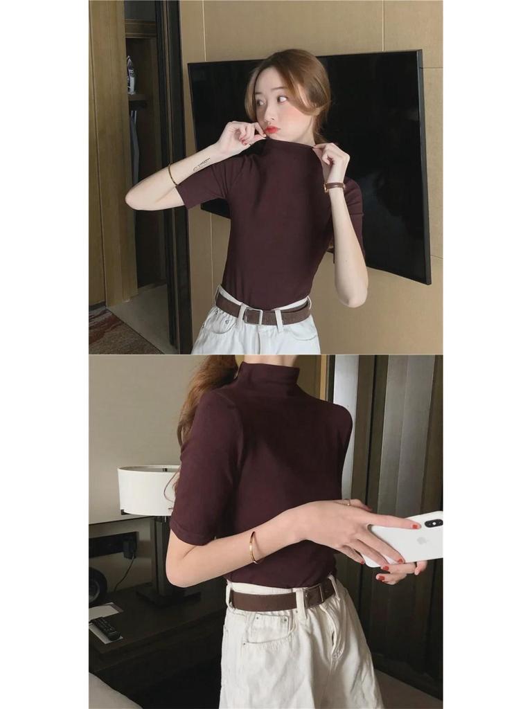 2027 Реальный Выстрел: Женская облегающая футболка с коротким рукавом и полуводолазкой (95% хлопок, 5% спандекс)