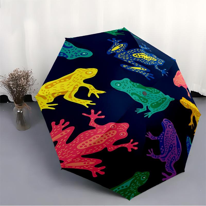 1pc Frogs Pattern Automatic Folding Umbrella - Windproof Compact Travel Umbrella with Auto Open/Close, 8-Rib Heavy-Duty Shaft for Women/Men A010