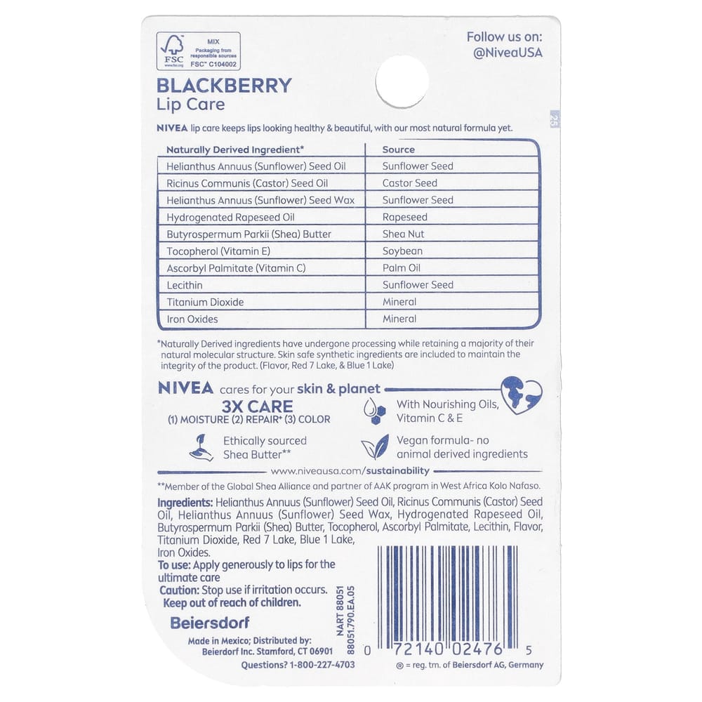 Nivea Бальзам для губ с оттенком, Ежевика, 2 шт. x 4,8 г (0,17 унции)