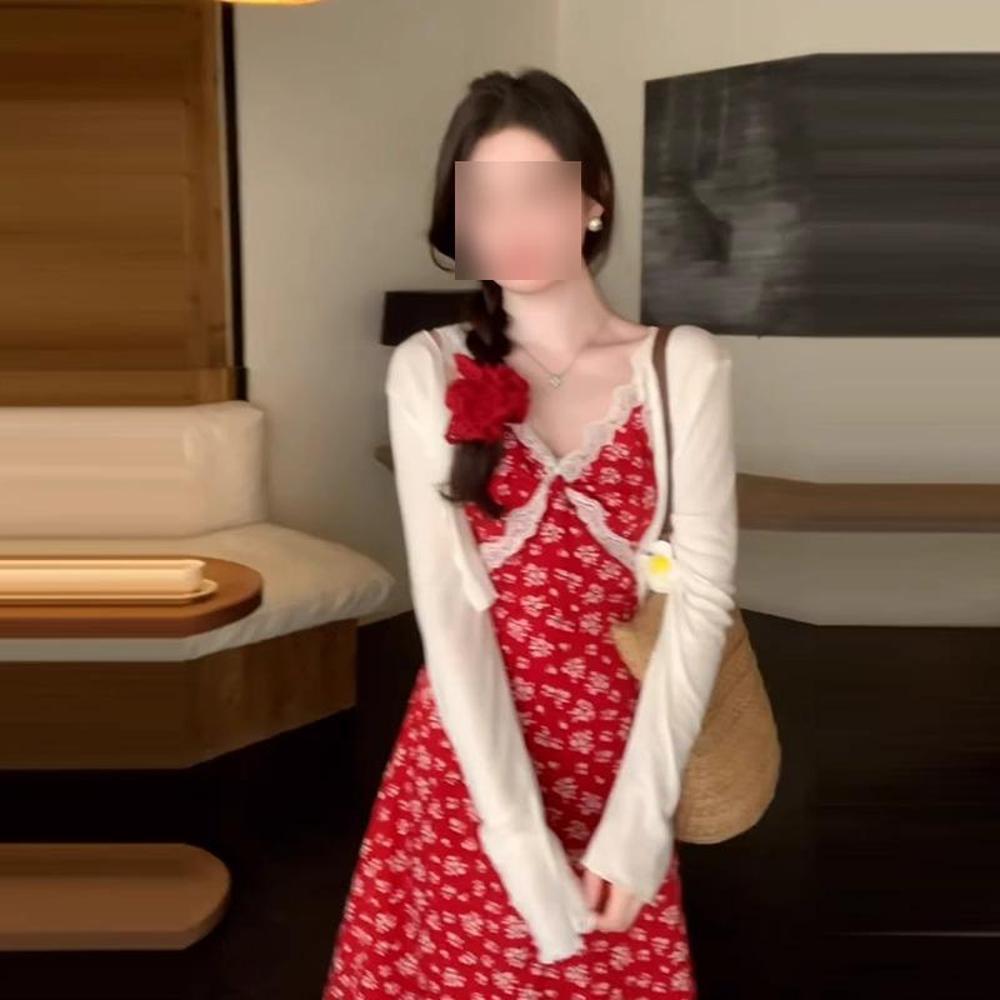 Ретро цветочное платье темпераментное красное платье женское лето пикантная девушка талия отпуск ветер морской берег А-силуэт платье на бретелях