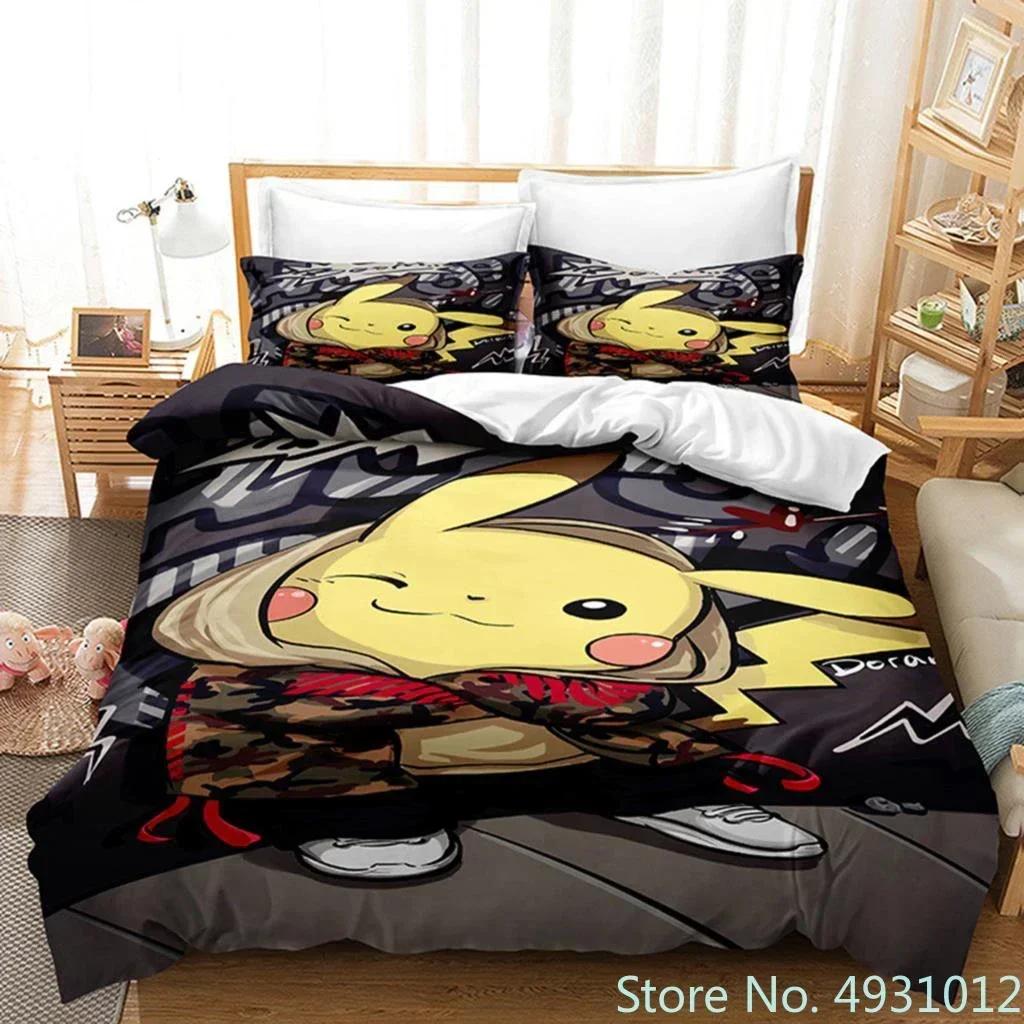 3D Anime Pikachu Bedding Set Duvet Cover Quilt Cover Pillowcase Double Queen King Size Baby Child Kids Bedroom Home Textile