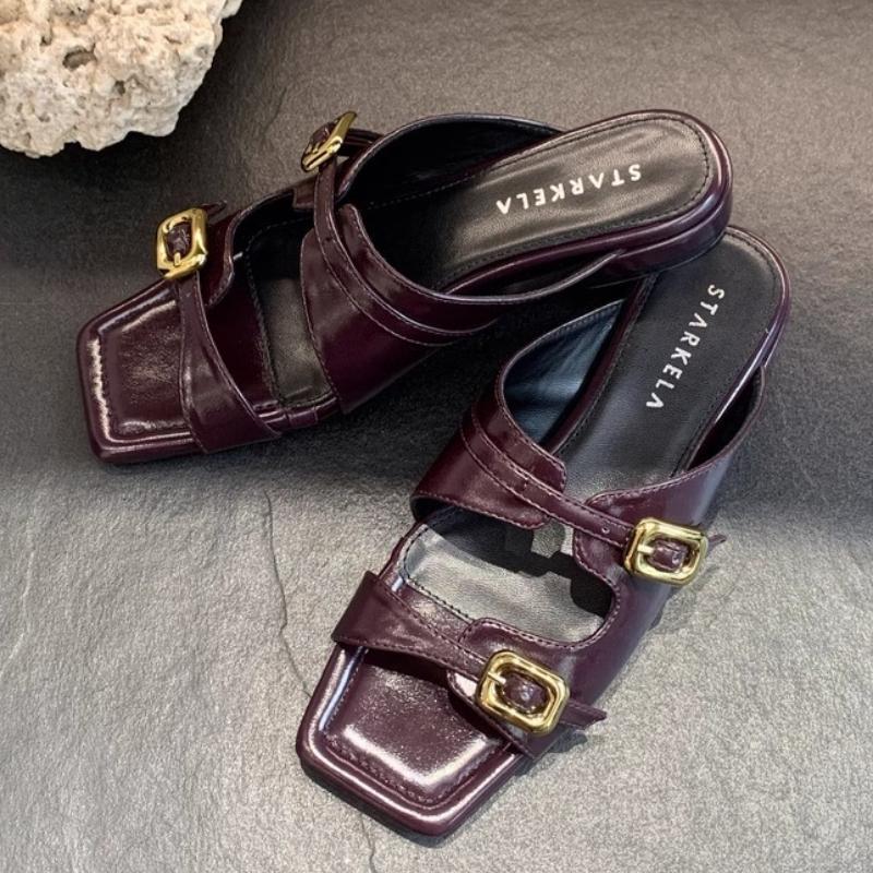 Fashion Metal Buckle Decoration Moccasin Low Heel Slippers Women Fashion Square Toe Open Toe Slide Sandals Casual Ladies Beach Sandals